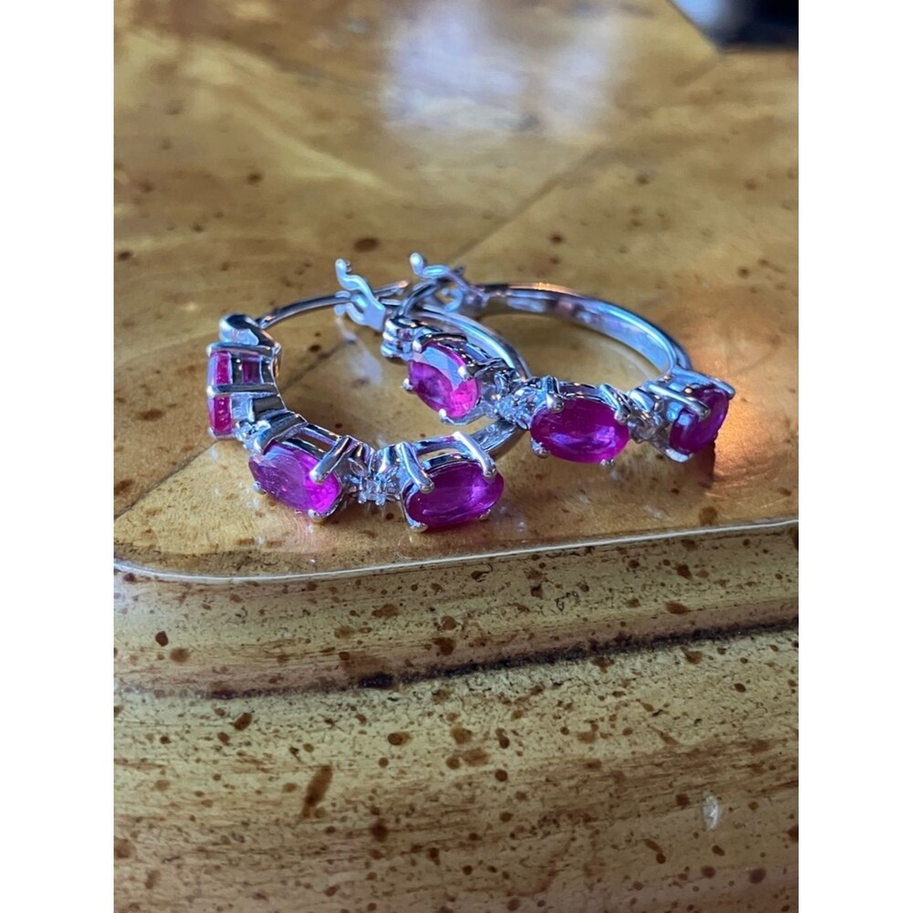 Genuine Ruby Sterling Silver Hoop Earrings